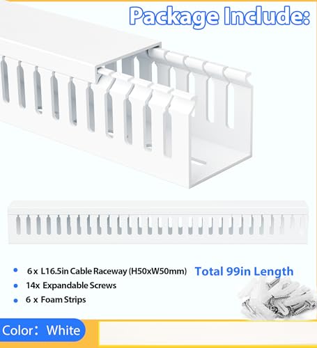 Image of 2 inch H x 2 inch W Cable Raceway, 99in Under Desk Wire Management Channel, White | Slotted Wire Duct, 6Pack, 16.5in Each, Heavy-Duty PVC Cable Management for Server Racks, Network Cables & Electrical Cabinets