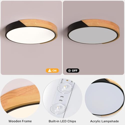 Vikaey Modern LED Ceiling Light, Minimalist Wood Flush Mount Ceiling Light Fixture, 4000K Not Dimmable, Circle Lighting Lamp with Acrylic Lampshade for Bedroom Laundry Room Hallway (Black,11.8") by Vikaey - Image 8