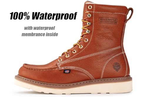 SUREWAY 8in Waterproof Wedge Moc Toe Work Boots for Men - Steel Toe,Premium Full-Grain Leather,Safety Work Boots/Shoes,Comfort Insole,Oil/Slip Resistant,GoodyearWelt,Industrial Construction LT BN2