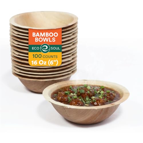ECO SOUL 16 Oz Bamboo Bowls, Compostable, Heavy Duty (100 Pack)