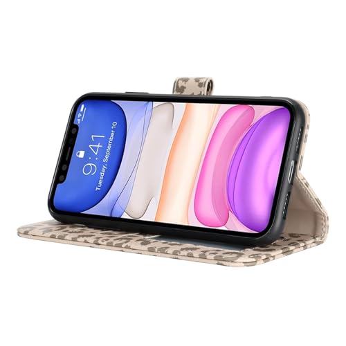 Image of for iPhone 12 Case Wallet with Card Holder,for iPhone 12 Pro Wallet Case for Women Men,PU Leather Shockproof Magnetic Buckle Stand Flip Phone Case-Beige Leopard