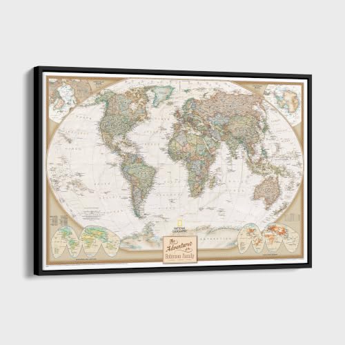 Image of Executive World Push Pin Map - National Geographic Antique Style Canvas Travel Tracker - Framed Wall Decor - Black Float Frame - 24 inch x 36 inch