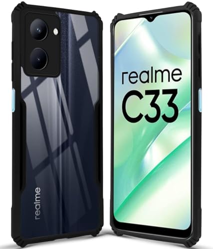 Image of Jkobi Back Case Cover for Realme C33 (Polycarbonate with Shockproof Clear Panel | Crystal Glass Back | Camera Protection | Black)
