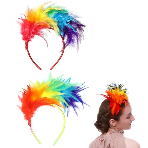 ZABARE 2 Stück Regenbogen Feder Haarreif,Bunte Feder Stirnband Haarschmuck Haarbänder,Papagei Haarband,Kopfbedeckung Kopfschmuck,Regenbogen Kostüm...