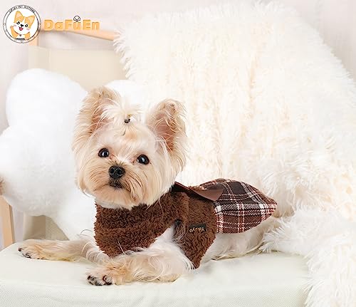 Dog Hoodie Dress Winter Dog Sweaters For Small Dogs Girl Cold Weather Warm Puppy Dresses Pink Plaid Pet Clothes Outfits For Chihuahua Yorkie Teacup Cat Skirt Coat Apparel Clothing (Large, Brown 1) #TOP3