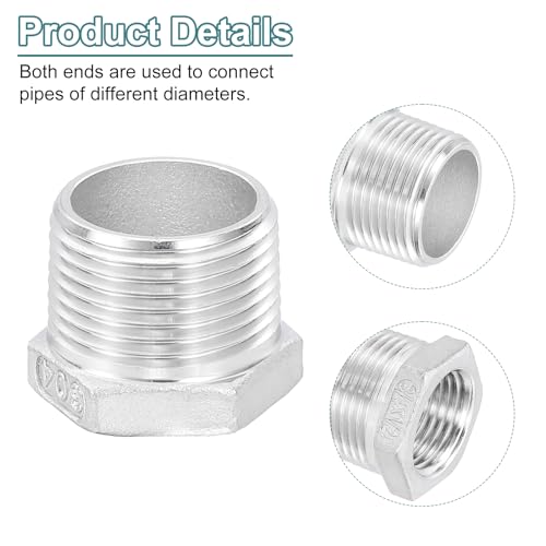 Image of uxcell 3Pcs 3 /4 inch Male to 1 /2 inch Female NPT 304 Stainless Steel Reducer Hex Bushing, Reducing Cast Pipe Adapter Fitting for industrial, oil /gas, water, HVAC, and plumbing systems