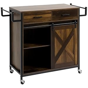 HOMCOM Industrial Kitchen Cart, Rolling Kitchen Island with Adjustable Shelf, Two Drawers, Sliding Barn Door Cabinet and Towel Rack, Rustic Brown