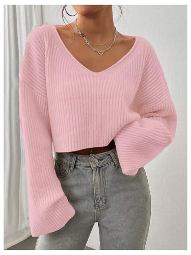 Image of Floerns Women's Long Sleeve Cropped Fall Pullover V Neck Drop Shoulder Rib Knit Sweaters Top