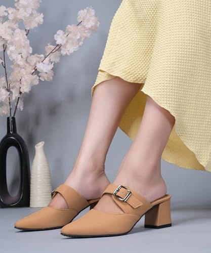 Image of JM LOOKS Sophisticated Buckle Strap Pointed Toe Mules with Contemporary Block Heel for Versatile Fashion Styling