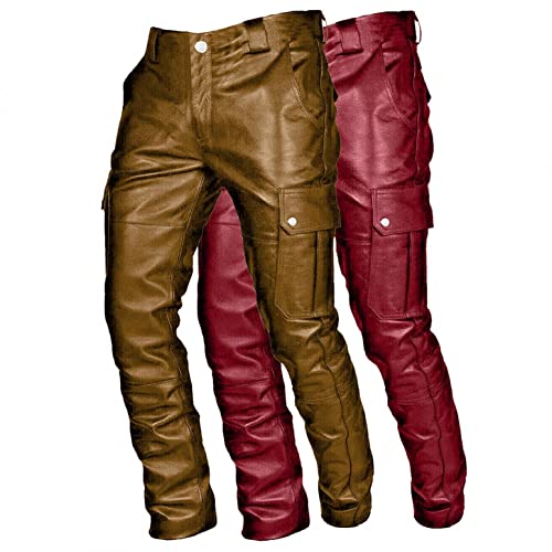 Mens Steampunk Faux Leather Biker Pants Retro Metallic Motocycle Punk Pants Slim Fit Pu Leather Denim Pants Night Club, Red #TOP5