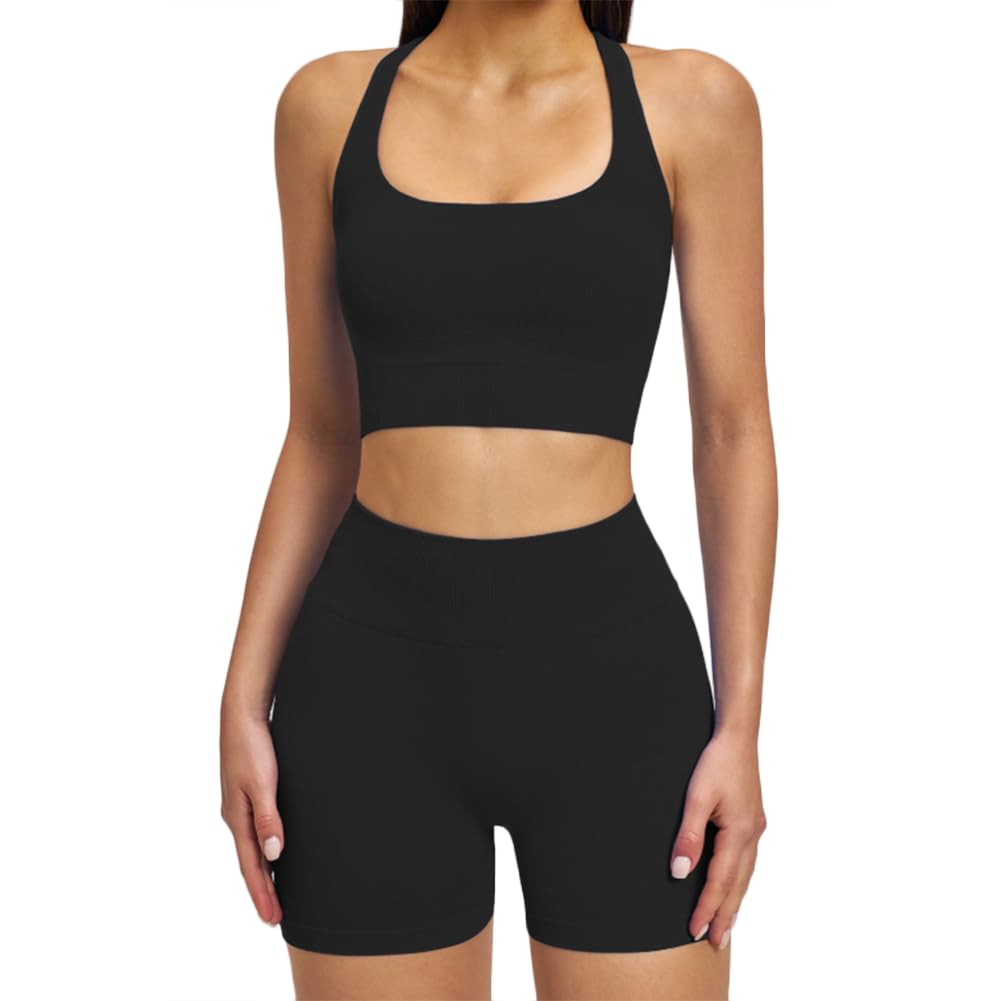 XYFfybhsd Women's Breathable Compression Elastic High Waist Slimming Seamless Sports Bra Shorts Set(Size:S,Color:Black)