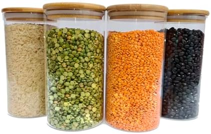 Potes De Vidro p/Mantimentos 1100ml c/Tampa Bambu - 4 pçs