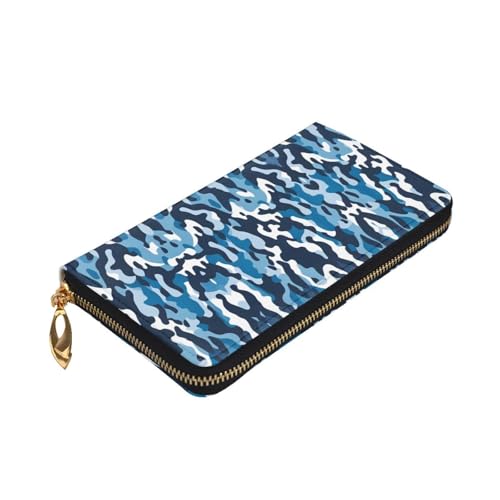 Leather Wallet 7.48 x 4.13 in - Stylish and Durable Wallet for Women with Multiple Compartments and Zipper Design Blue Camo Pattern3
