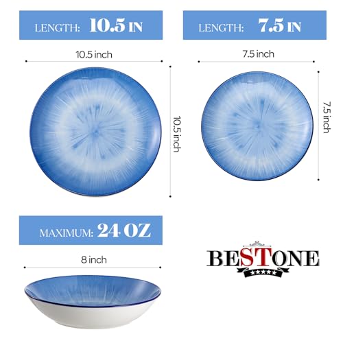 Image of Bestone Porcelain Dinnerware Sets Service for 4, 12 pcs Hand drawn Plates and Bowls Sets, Handmade Ceramic Dish Set, Chip Resistant Modern Plate Set, Dishwasher /Microwave Safe,Starburst blue
