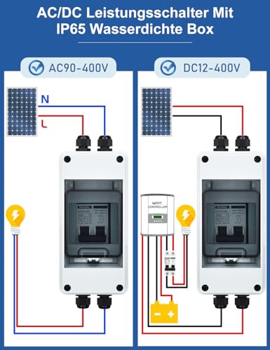 DIHOOL PV Sicherungsautomat, PV Anlage DC Trennschalter IP65 Leistungsschalter Solaranlage, DC12-400V, 10-63A, 2-pilog DC Schaltungsschutz(30A)