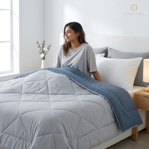 Image of Epicasa Reversible Comforter | 200 GSM Thermal Bonded Fill | 110 GSM Micro Peach Fabric | All Season AC Quilt | Diamond Quilted | Lightweight Duvet Blanket for Home Bedroom | Steel Blue & Silver Grey