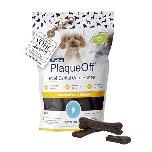 ProDen PlaqueOff 20 Mini Huesos Dentales Sabor Crema Cacahuete y Plátano para Perros Pequeños – Limpiador Sarro Dental, Placa y Mal Aliento – Huesos para Perros Pequeños Snacks para Perros