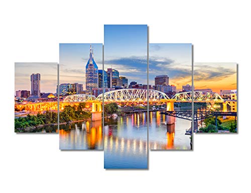 USA Cityscape Modern Artwork Downtown Nashville Skyline on the Cumberland River Pictures Paintings on Canvas Wall Art Wall Pictures for Bedroom Home Decorations Office Decor Ready to Hang(60"Wx40"H)