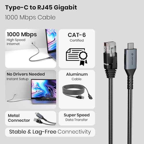 Image of Lapcare Type-C to RJ45 Gigabit Ethernet Adapter Cable | USB-C to LAN 1000 Mbps High-Speed Network Cable | 2M Braided Nylon, Aluminium Housing | Compatible with Laptop, MacBook, Router