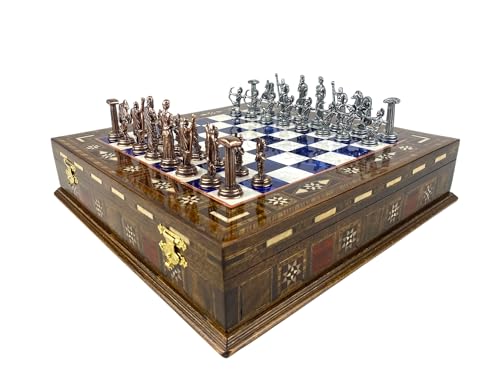 Luxury Greek Mythology Themed Chess Set- 12 inch Handmade Mosaic Chessboard with Storage- Ancient Greek Gods Inspired Metal Chess Pieces (Blue Pearl)