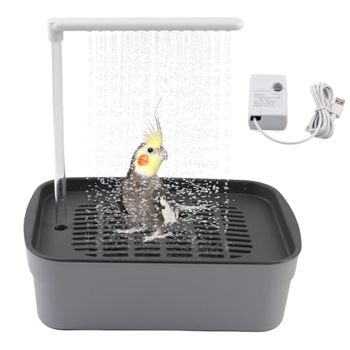 PINVNBY Automatic Bird Bath Shower for Cage,Parrot Bath Box with Pump,Parakeet Bathtub Electric Fountain Circulating Water Contains USB Power Plug for Cockatiel Lovebird Conure Budgie(Gray)