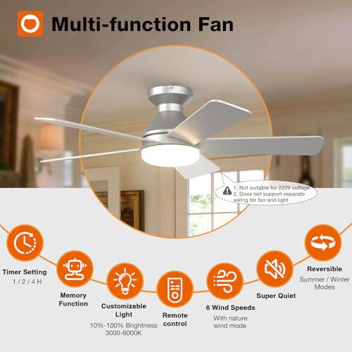 Image of addlon Ceiling Fans with Lights, 42 Inch Low Profile Ceiling Fan with Light and Remote Control, Flush Mount, Reversible, 3CCT, Dimmable, Quiet, Silver Small Ceiling Fan for Bedroom Indoor /Outdoor Use