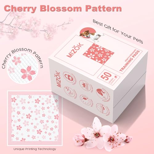 Image of MIZOK Puppy Pads Pink 22x22in, Quick-Dry Puppy Training Pads with Pheromone Attractant, Decorative Cherry Blossom 6-Layer Heavy Duty Leak-Proof Pet Pads, Disposable (50 Count)
