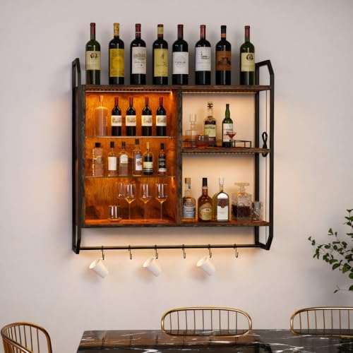 YOURLITE Weinregal Wand, Bar Regal Wand mit LED-Licht, Schwebende Regale,...