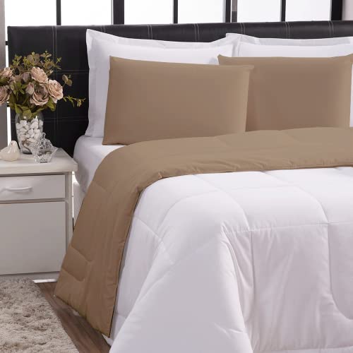 Kit Edredom Queen Jogo de Cama 100% Algodão 200 fios (Capuccino e Branco)