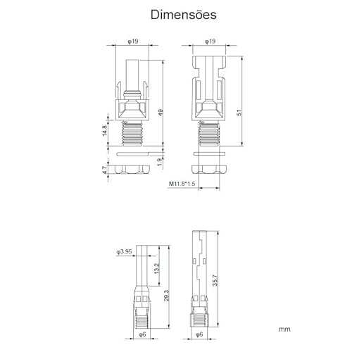 4 Pares de Conectores MC4 Rosca M12 para Painel de Energia Solar Fotovoltaica, 30A 1000V