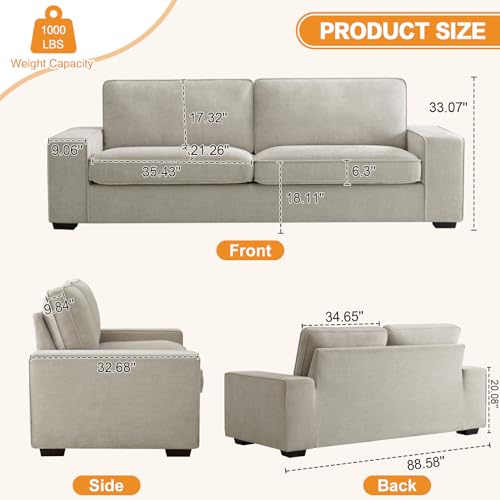EASELAND Sofa Couch, 88” Chenille Loveseat Comfy Couches for Living Room, Modern Deep Seat Sofa with Removable Back and Seat Cushions, 3 Seater Fluffy Couch with Wood Legs and Armrest (Beige) - Thumbnail 2