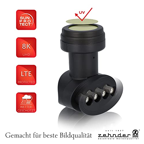 [ Test 2X SEHR GUT *] ZEHNDER Quad LNB, LTE Abschirmung, Sun Protect UV Schutz, Digital 4Fach 4K LNB für 4 Teilnehmer, für Fernseher Sat Receiver, HD LNC für Satellitenschüssel Satelliten Schüssel