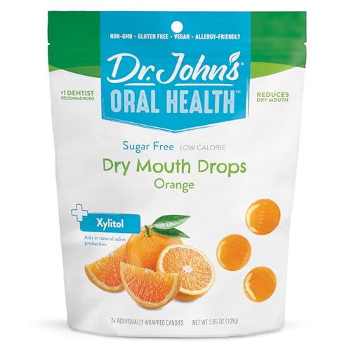 Dr. John's Healthy Sweets Orange Dry Mouth Drops with Zero Sugar, Dye-Free, Plant Based, Keto Friendly, 24 Count, 3.85oz Bag