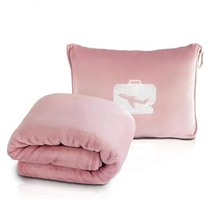 Travel Blanket and Pillow, Ultra Soft 2 in 1 Airplane Blanket with Compact Pillowcase, Luggage Strap, Lightweight Travel Essential, Ideal for Long Flights, Camping, Sunset (Light Pink)