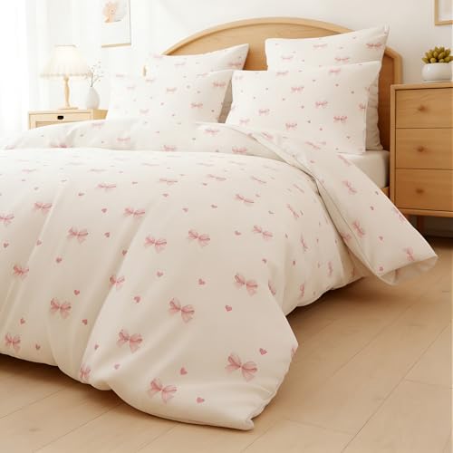 Image of Nayoroom Pink Bow Duvet Cover Full Size Coquette Pink Heart Duvet Cover 3 Pieces Soft Lightweight Microfiber Kids Girls Cute Aesthetic Dorm Bedding Set