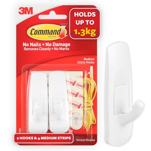 3M Command Medium Wall Hooks, Holds 1.3kg, No paint damage, Heavy Duty, Holds Strongly, Reusable, Adhesive hooks for wall, Multi-surface (White, 2hooks, 4 strips)