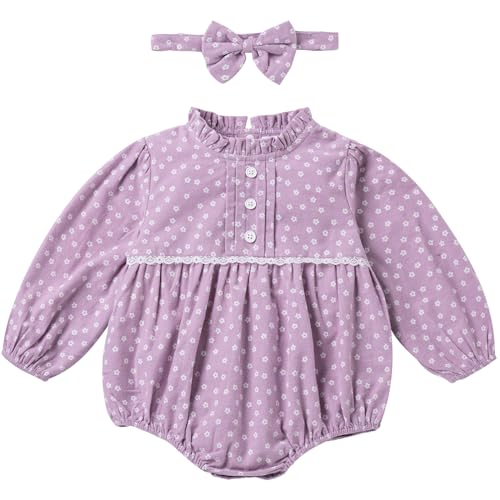Image of KOGWER Baby Girl Long Sleeve Onesies Cotton Linen Bubble Romper Smocked Fall Outfits Clothes Size 3-24 Months