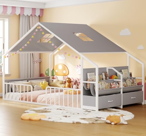 ADORNEVE House Shape Full Size Floor Bed with Safety Guardrails for Kids, Montessori Floor Bed Full with Sling Bookshelves & Storage Drawers, Kids Floor Bed Frame for Bedroom, Nursery, White