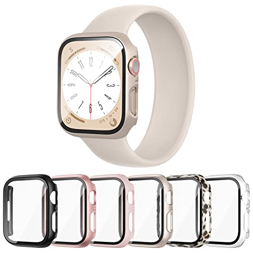 Cuteey 6 Pack for Apple Watch Series 8 7 41mm Case with Built-in Tempered Glass Screen Protector, Overall Full Protective Bumper PC Cover for iwatch 41mm Accessories