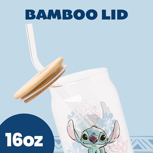 Image of Silver Buffalo Disney Lilo and Stitch Ohana Floral Glass Jar Tumbler with Bamboo Lid and Glass Straw, 16 Ounces
