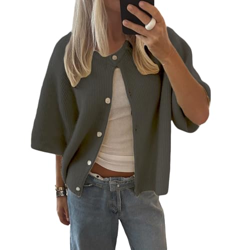 Image of Women's Y2K Crop Cardigan Sweater Short Sleeve Round Neck Button Down Sweater Fall Winter Knit Top Streetwear