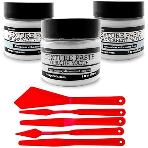 Ranger Texture Paste Set – Includes Opaque, Transparent Gloss, and Transparent Matte Texture Pastes with 5 Pixiss Spreader Tools for Crafting, Mixed Media, and Scrapbooking Cover