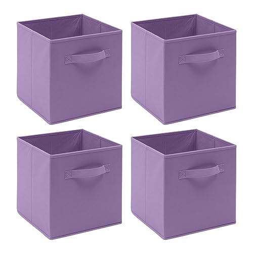Homullel Foldable Storage Cube Boxes Set of 4, Storage Unit Box with Handle/Eyelet, Collapsible Storage Bins Organiser for Shelf Closet Organization (With Handle, Light Purple)