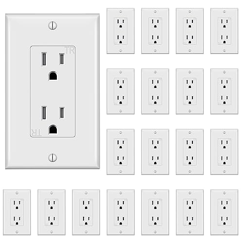 TAKETEK Decorator Receptacle Outlet,Wall Outlet with Wall Plate, Tamper-Resistant Electrical Outlet, Residential Grade, 3-Wire, 15A 125V, Self-Grounding, 2-Pole, UL Listed, White (20 Pack)