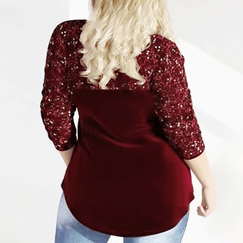 Camisetas femininas de gola redonda para mulheres, ajuste relaxado, longa, lantejoulas, brilhante, i