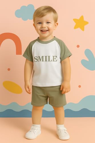 Image of Bold N Elegant Unisex Kid Cotton Solid Playful Happy Face Print Half Sleeve T-Shirt & Denim Shorts Summer Clothing Set