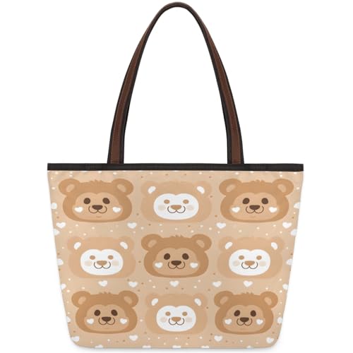 Cartoon Bears Face Tote Bag Multi Pocket Zippered Beach Bag Lightweight Waterproof Handbag for Women Men Work Gym Travel Swimming Yoga Grocery Shopping M