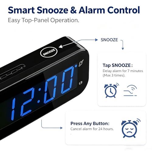 Image of Small Digital Alarm Clock with Temperature Display - Battery Operated,Adjustable Brightness,Snooze,12 /24Hr,Cordless,Night Mode - Ideal Beside Clock for Bedroom Desk Travel (Blue Display)