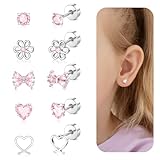 Hypoallergenic Earrings for Girls,Toddler Screw Back Earrings for Kids Baby Women Lightweight Surgical Stainless Steel Cute Pink Bow Butterfly Heart Flower CZ Flat Back Stud Earring for Sensitive Ears