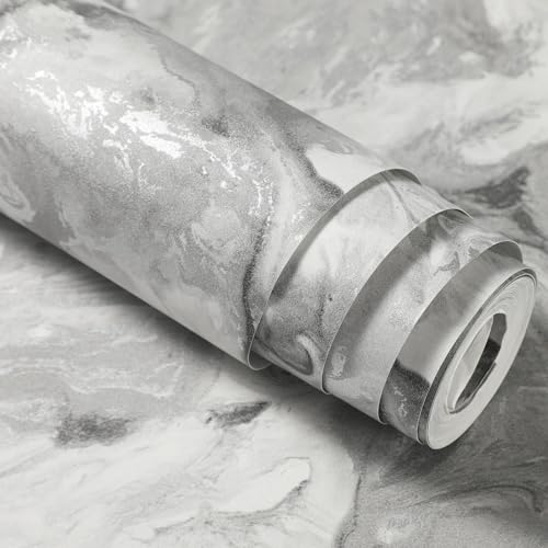 Pamatio Silver Grey Marble Textured Glitter Effect Wallpaper Non-Woven Modern Luxury Vintage Classic Swirl Pattern - Slightly Shiny Effect - for Bedroom Adults Living Room Corridor Wallpaper, 9.5m